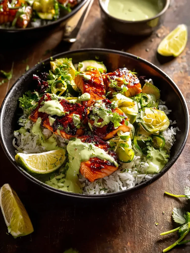 Chipotle Teriyaki Salmon Bowls with Creamy Green Sauce. First Image